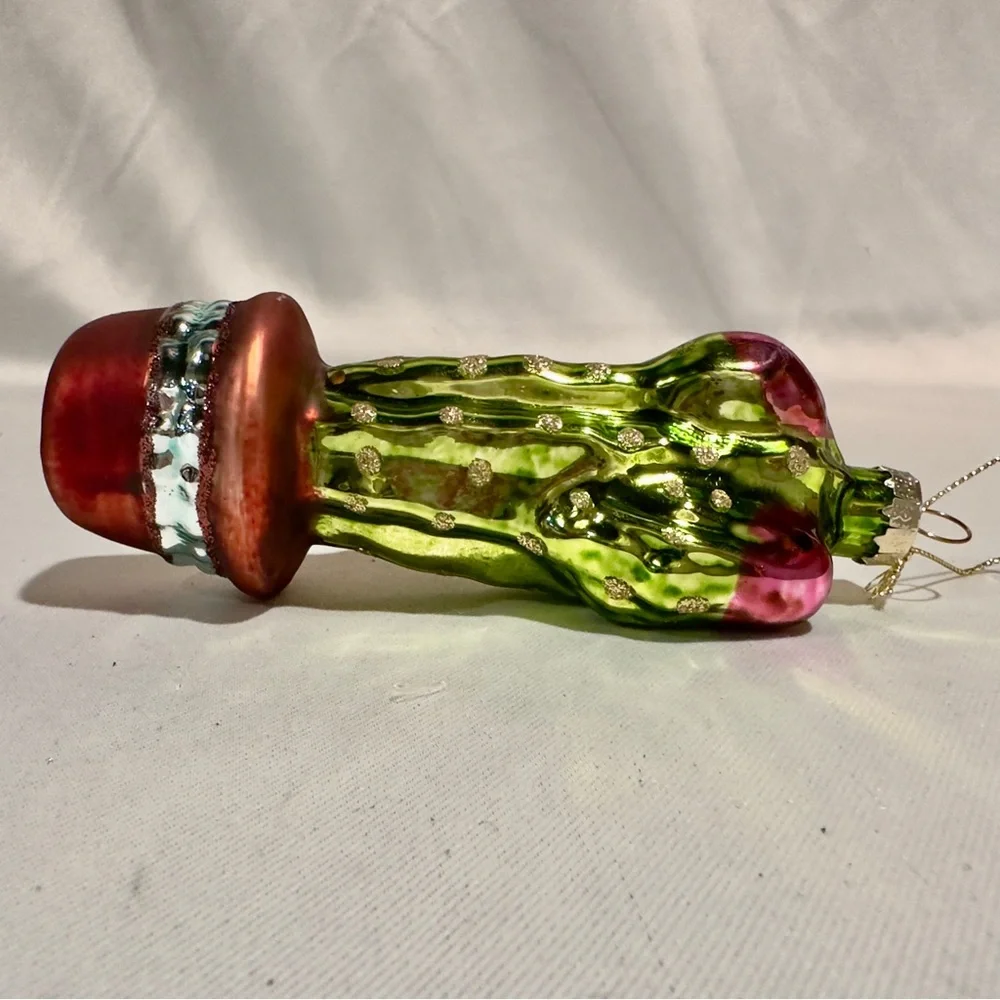 Blown Glass Green Cactus Christmas Tree Ornament 5”